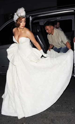 Here Comes the Gaga - Lady Gaga arrives in a bride-like ball gown to the 2012 Paralympic Games after-party at the Arts Club in London.(Photo: YDPhotos.co.uk/WENN.com)