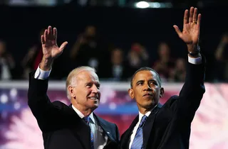 Who's got next? - President Barack Obama and Vice President Joe Biden wave after accepting their nominations. (Photo: Tom Pennington/Getty Images)