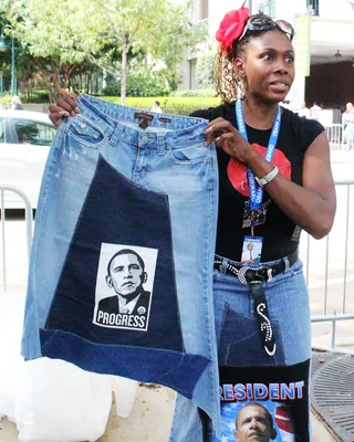 Democratic Denim - These unique and stylish skirts by denim dress designer Shedric Hunter were a unique take on Obama paraphernalia. Hunter takes vintage skirts and sews images of Obama on them. (Photo: Angel Elliott /BET)