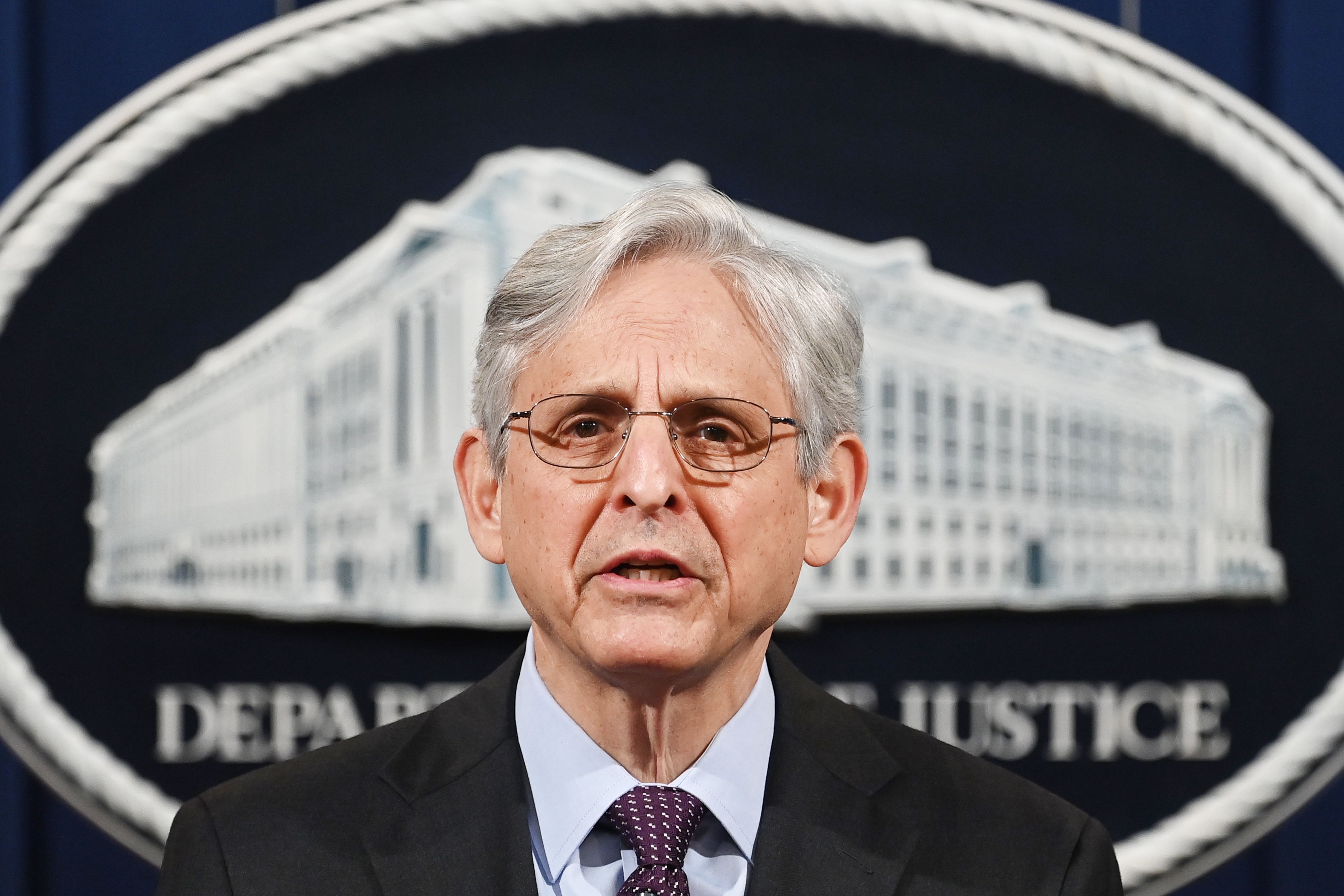 WASHINGTON, DC - APRIL 26: US Attorney General Merrick Garland delivers a statement at the Department of Justice on April 26, 2021 in Washington, DC. Garland announced that the Justice Department will begin an investigation into the policing practices of the Louisville Police Department in Kentucky. A report of any constitutional and unlawful violations will be published. (Photo by Mandel Ngan-Pool/Getty Images)