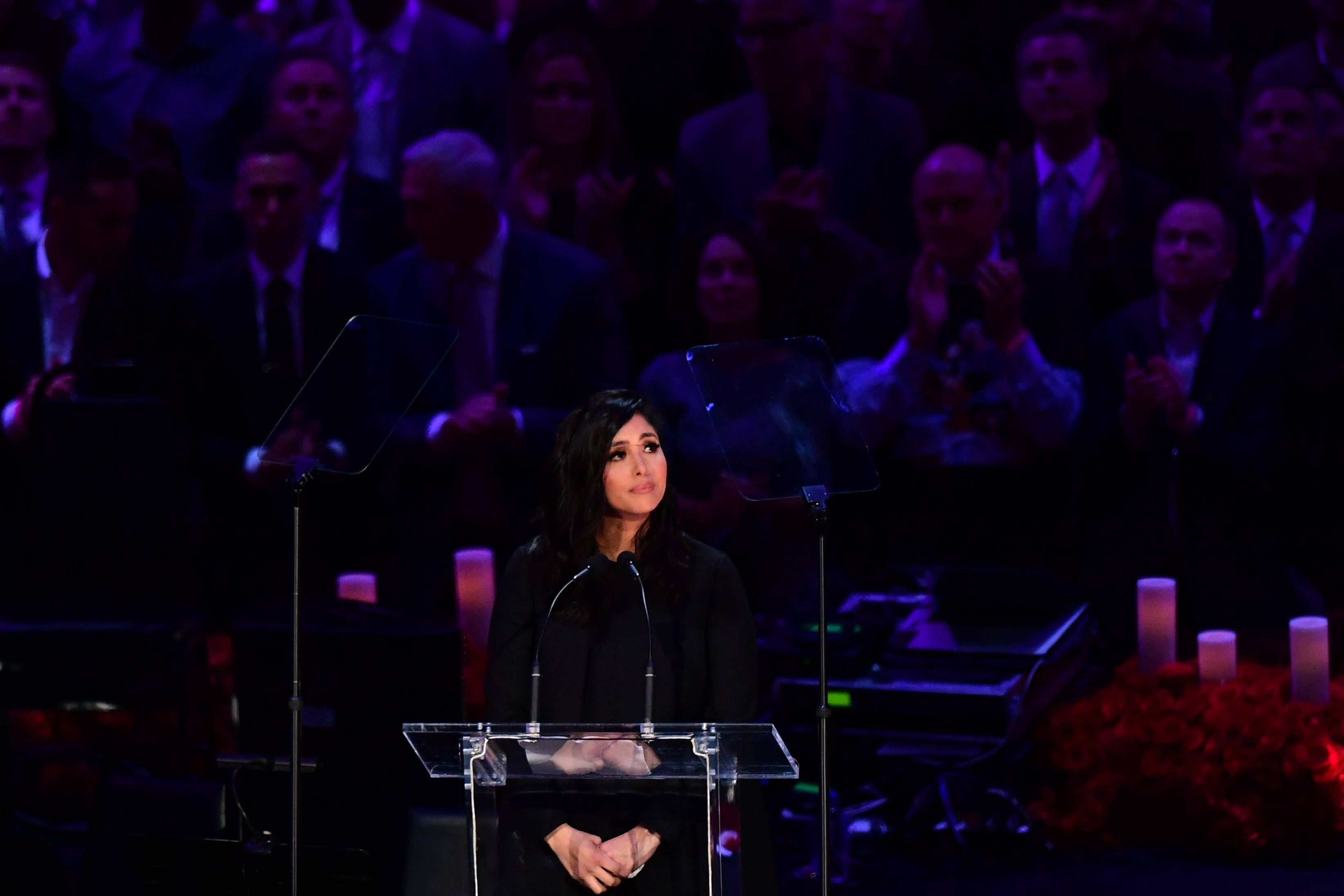 Kobe Bryant's wife Vanessa Bryant speaks during the "Celebration of Life for Kobe and Gianna Bryant" service at Staples Center in Downtown Los Angeles on February 24, 2020. - Kobe Bryant, 41, and 13-year-old Gianna were among nine people killed in a helicopter crash in the rugged hills west of Los Angeles on January 26. (Photo by Frederic J. BROWN / AFP) (Photo by FREDERIC J. BROWN/AFP via Getty Images)