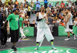 Dancing With the Stars - NFL All-Pro DeSean Jackson (left) and Snoop Dogg engaged in a friendly dance-off during Problem's halftime show.&nbsp;(Photo: Noel Vasquez/BET/Getty Images for BET)