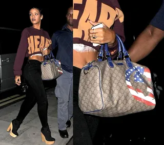 Fall Flavor - Rihanna then jetted overseas and was spotted leaving her London hotel (Sept. 8) after hitting up the tattoo parlor. She rocked a chill midriff with black bottoms and that Gucci bag she can’t get enough of.  (Photos: Optic Photos, PacificCoastNews.com)