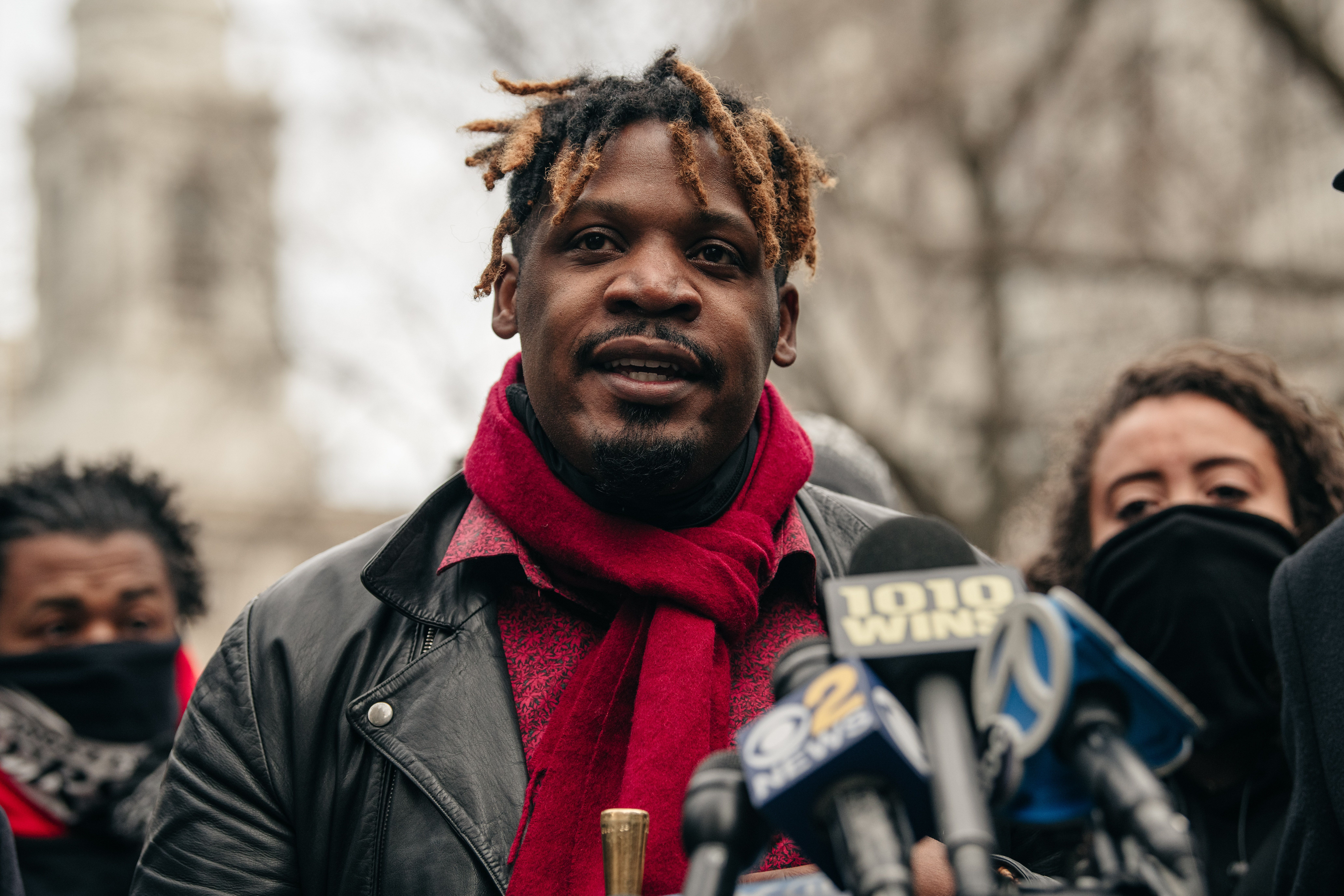 NEW YORK, NY - DECEMBER 30: Jazz musician Keyon Harrold speaks at a press conference held in lower Manhattan on December 30, 2020 in New York City. After Harrold shared video footage of a white woman assaulting his son and wrongfully accusing the boy of stealing her phone in a Manhattan hotel lobby, civil rights leaders have called for an end to persistent racial profiling and injustice. (Photo by Scott Heins/Getty Images)