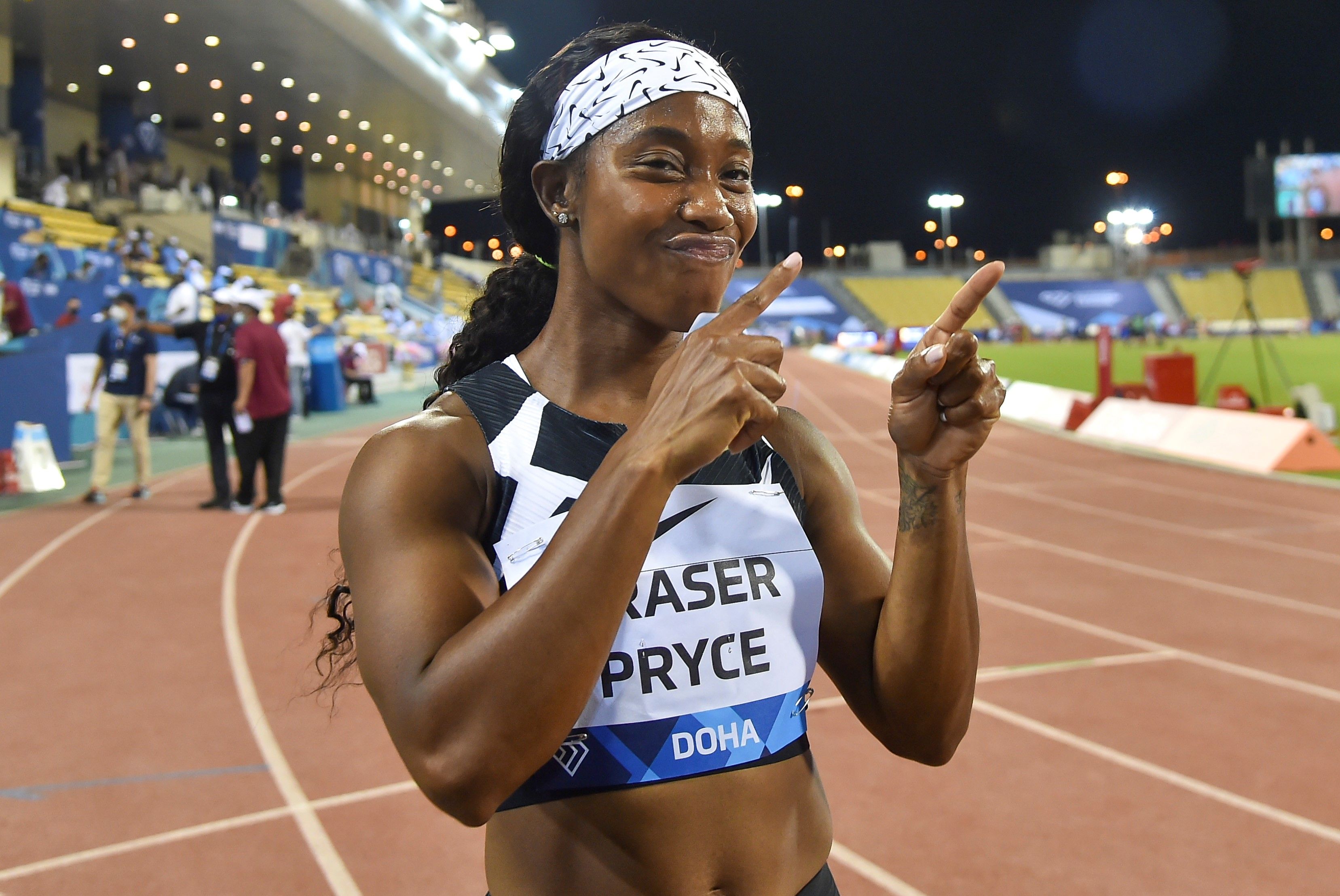 Shelly-Ann Fraser-Pryce of Jamaica celebrates after the women's 100m final at the 2021 Diamond League Athletics Meeting in Doha, Qatar, May 28, 2021. (Photo by Nikku/Xinhua via Getty Images)