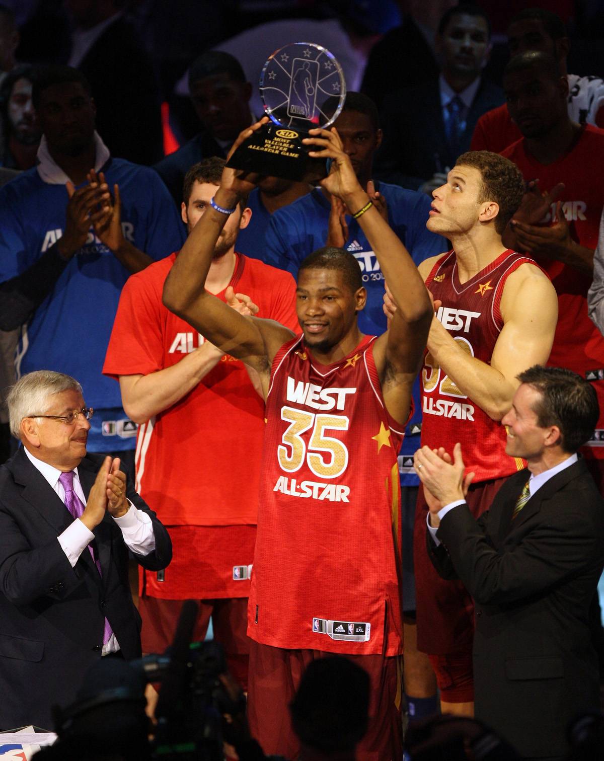 Sweet, Sweet Victory - Kevin Durant (35) of the Oklahoma City Thunder and the Western Conference holds up the MVP trophy.&nbsp;(Photo:&nbsp; Mike Ehrmann/Getty Images)