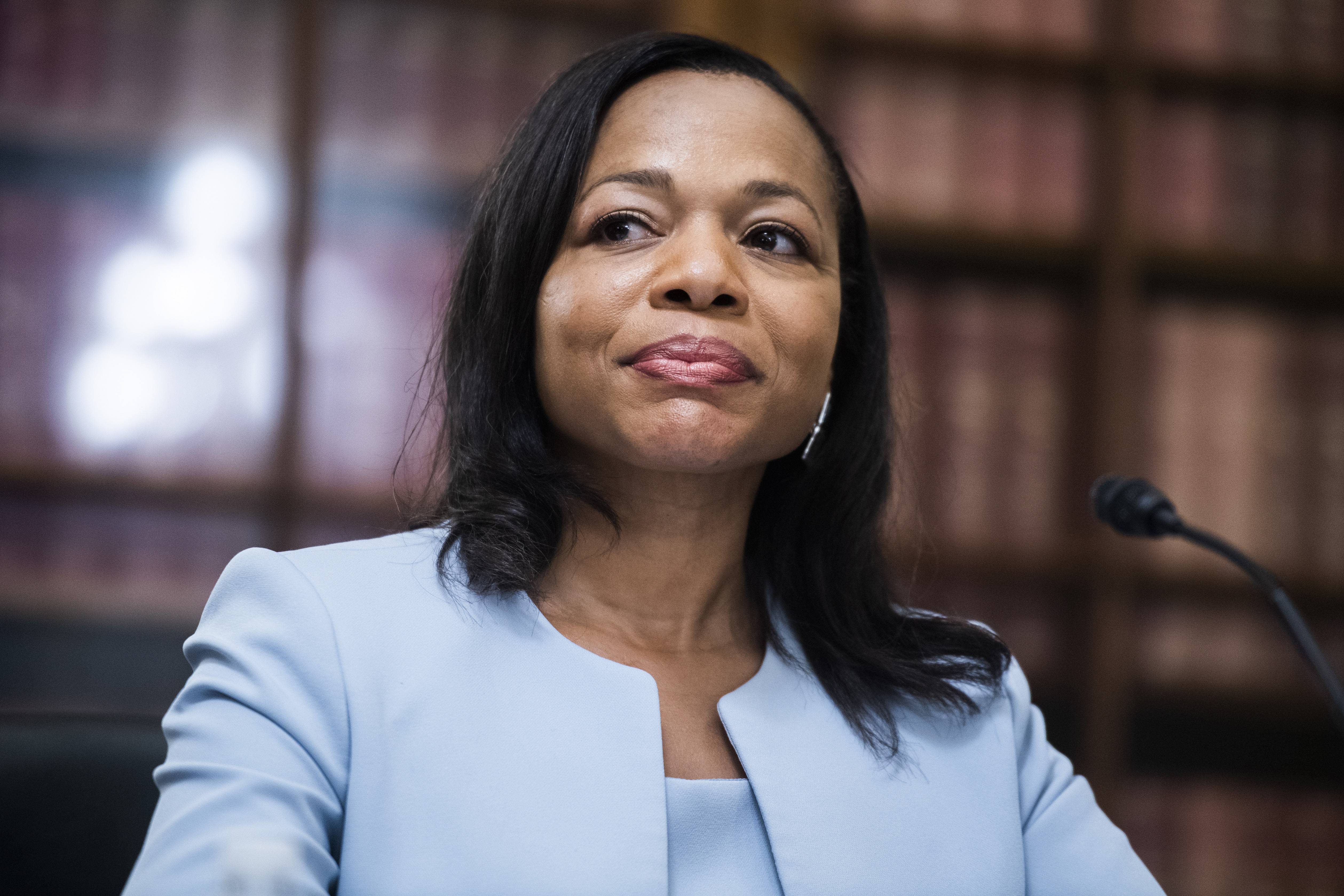 UNITED STATES - JULY 22: Kristen Clarke, president and executive director of the National Lawyers Committee for Civil Rights Under Law, testifies during the Senate Rules and Administration Committee hearing titled 2020 General Election Preparation, in Russell Building on Wednesday, July 22, 2020. (Photo By Tom Williams/CQ-Roll Call, Inc via Getty Images)