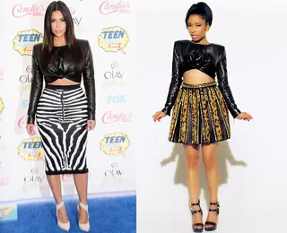 Kim Kardashian and Nicki Minaj - Which booty-ful bombshell nabs the best dressed title in this Balmain crop top? Kimmy takes the crown in her zebra-print pencil skirt and nude heels. By Jazmine Ortiz (Photos from left: Jason Merritt/Getty Images, Cash Money Records Inc)