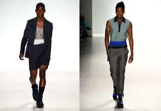 Richard Chai LOVE - Here's another fresh look for the fellas. We love the downtown-cool pairing of a navy short suit teamed with patent black sneaks. (Photo: Frazer Harrison/Getty Images for Mercedes-Benz)