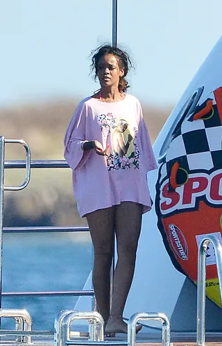 Chillaxin' - Rihanna&nbsp;rocks a pink floral T-shirt with an image of Tupac while vacationing out on her yacht in the South of France.&nbsp;(Photo: PacificCoastNews)