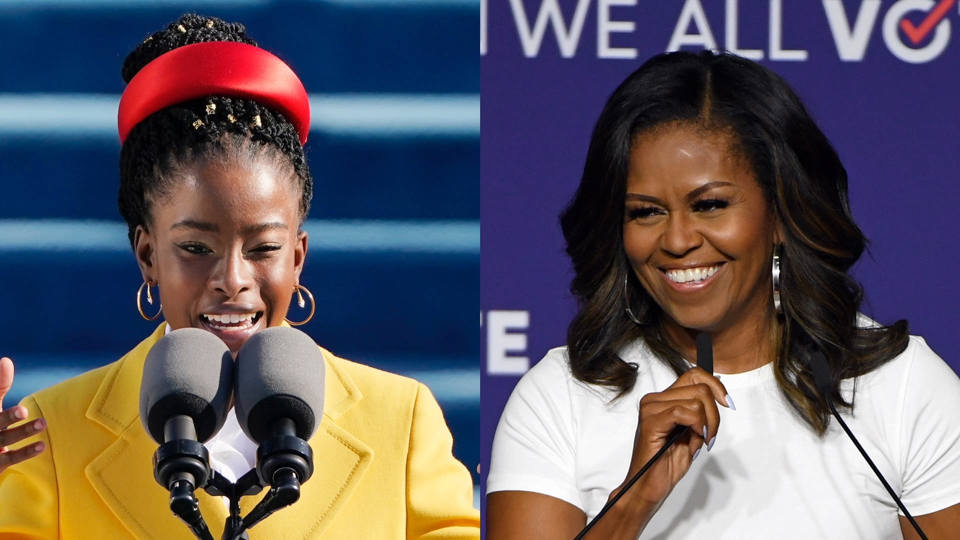 Amanda Gorman and Michelle Obama on BET Buzz 2021.