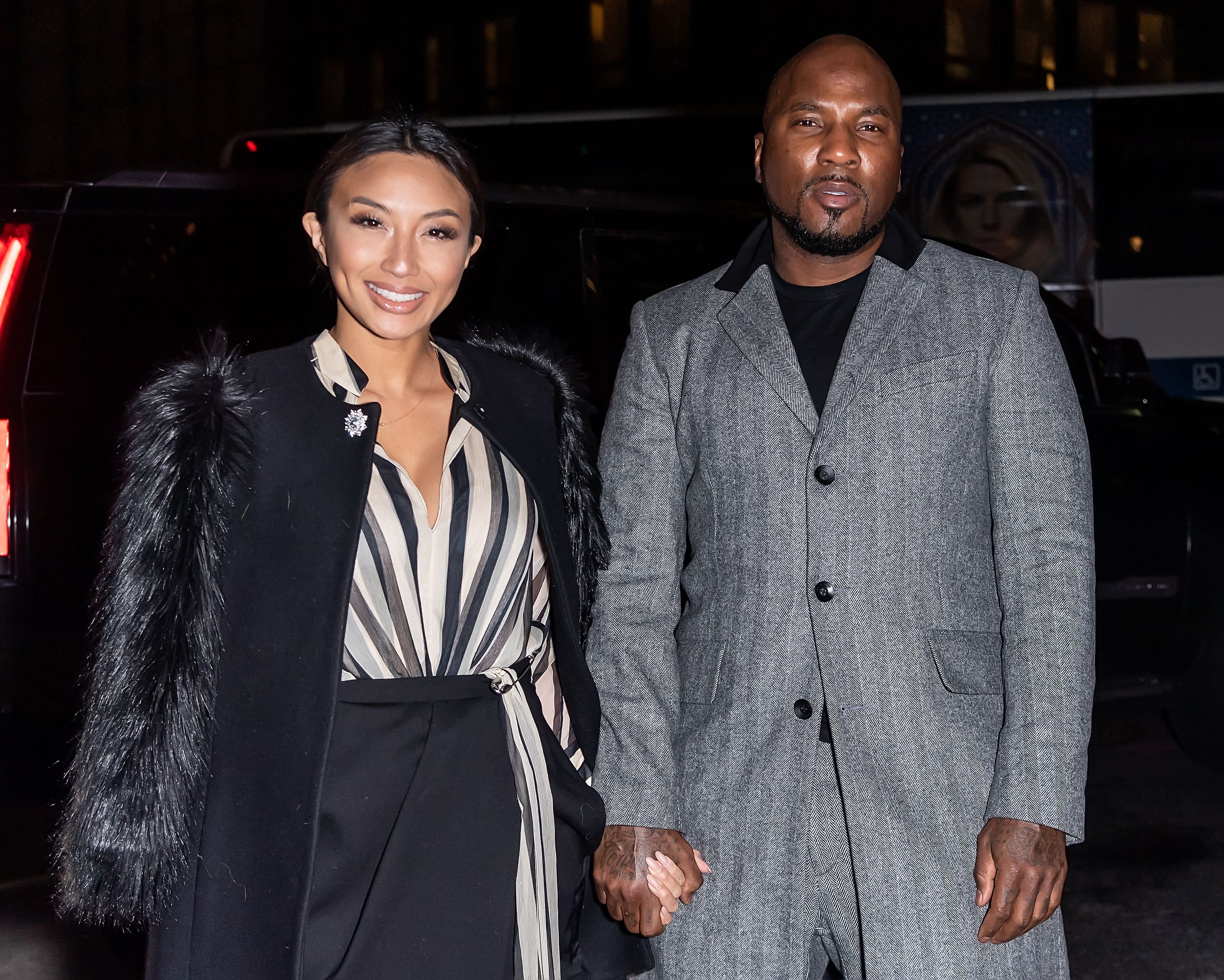 NEW YORK, NEW YORK - FEBRUARY 07:  Jeannie Mai and Rapper Jeezy are seen arriving to the Rag & Bone fashion show during New York Fashion Week on February 07, 2020 in New York City. (Photo by Gilbert Carrasquillo/GC Images)