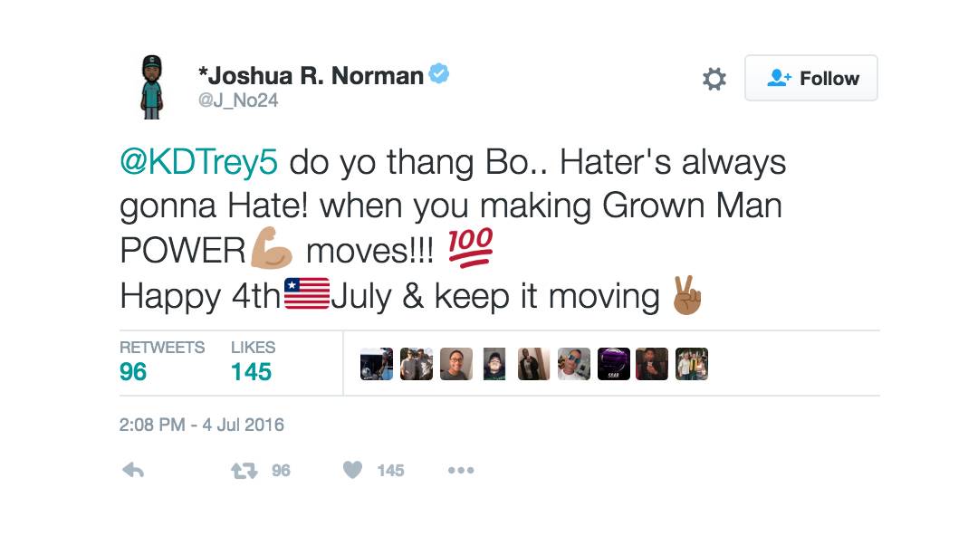 From Pro to Pro - Outspoken NFL star&nbsp;Joshua Norman voiced his support for Durant's decsion.(Photo: Joshua R Norman via Twitter)&nbsp;
