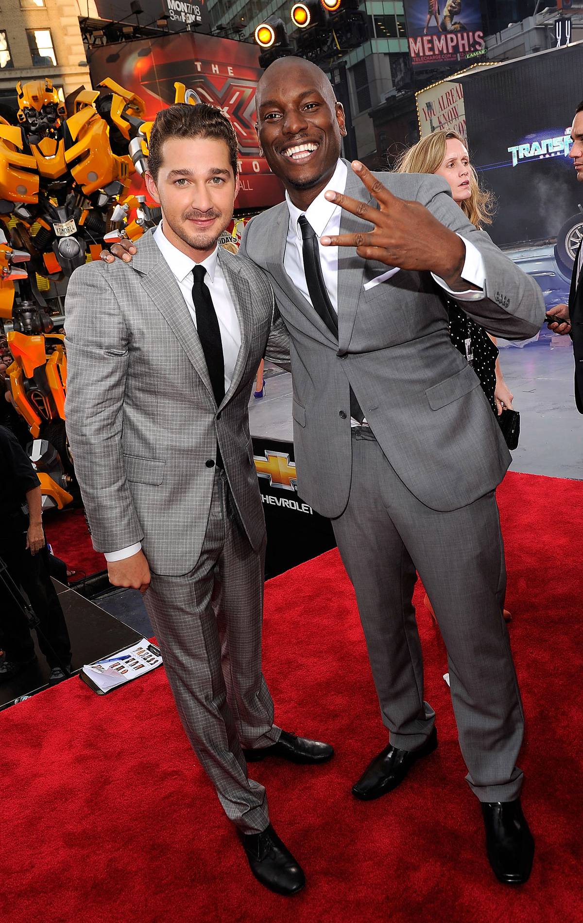 Shia LaBeouf and Tyrese Gibson - The men of the movie, including Shia LaBeouf, Tyrese Gibson and Josh Duhamel, looked dapper in grey suits.&nbsp; (Photo:&nbsp; Jemal Countess/Getty Images)