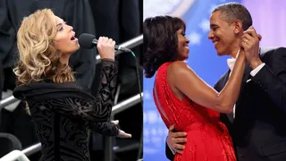 At Last - Queen Bey has lent her voice to several important moments in the Obama administration but her grandest performance had to be in January 2009 when she sang Etta James's&nbsp;classic "At Last" as the president danced with his lovely wife&nbsp;for the first dance at the inaugural celebration.&nbsp;(Photos from left: John Moore/Getty Images, Chip Somodevilla/Getty Images)