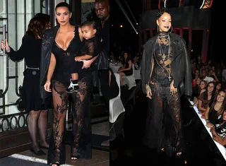 Kim Kardashian (and North) and Rihanna - Givenchy for ladies and babies! Mrs. West totes North to Paris Fashion Week in the brand’s Fall 2008 Haute Couture lace jumper and leather jacket. Rih rocks out in a similar ensemble from the same collection. Both ladies put their signature spin on the look and made it work! By Jazmine A. Ortiz (Photos from left: Marc Piasecki/GC Images, Kevin Mazur/Getty Images for Clear Channel)