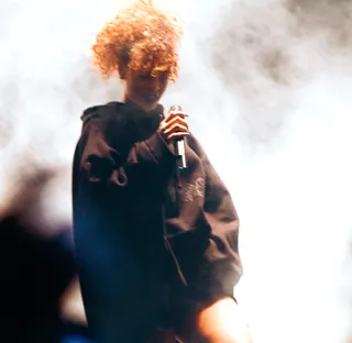 Surprise! - Rihanna&nbsp;hits the stage to perform two songs with Kanye West at FYF Fest 2015 at LA Sports Arena and Exposition Park in Los Angeles.(Photo: Brian Gove/WireImage)