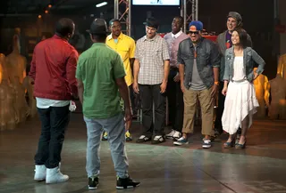 The scratch challenge - Just Blaze jokes with the DJs about their scratching skills thus far.  (Photo: Moses Mitchell/BET)