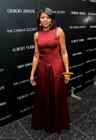 Screen Gem - Actress Taraji P. Henson rocks a beautiful ruby red gown at the Giorgio Armani &amp; Cinema Society screening of Albert Nobbs at the Museum of Modern Art in New York City. (Photo: Stephen Lovekin/Getty Images)