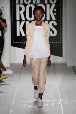 Soft and Gentle - This breezy peach pantsuit pairs perfectly with taupe Puma low-tops.(Photo: JP Yim/Getty Images)