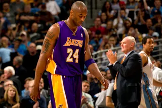 Kobe Bryant - The Los Angeles Lakers shooting guard fouled Denver Nuggets&nbsp;forward Kenneth Faried in a game on May 10.  (Photo: Justin Edmonds/Getty Images)