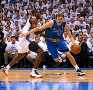 Serge Ibaka - The power forward for the Oklahoma City Thunder committed a flagrant foul against the Dallas Mavericks on April 30.(Photo: Brett Deering/Getty Images)