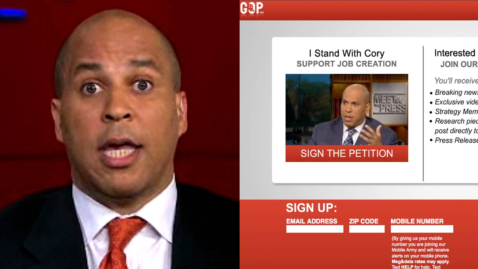 If it’s Sunday, it’s Meet the Press and politicians saying something they’ll regret later is starting to become a trend. First, Vice President Joe Biden forces President Obama out of the closet on same-sex marriage support, then a few weeks later campaign surrogate Newark Mayor Cory Booker blasts Team Obama’s plan to use Republican rival Mitt Romney’s time at Bain Capital against him. The gaffe may soon blow over, but if Booker is as smart as the political chattering class thought he was before Sunday’s misstep, this is a week he’ll never forget. Until then, it’s the only thing everybody’s talking about. – Joyce Jones  (Photos: Courtesy MSNBC; GOP.com)