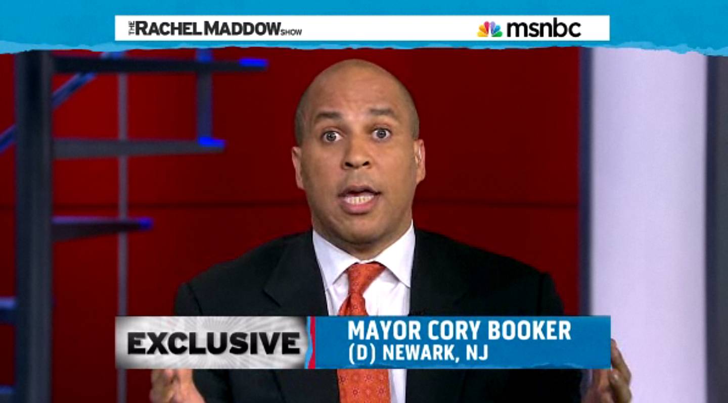 Cory Booker - “Here they are plucking sound bites out of the [Meet the Press] interview to manipulate them in a cynical manner, to use them for their own purposes,” Booker said in an interview on MSNBC’s The Rachel Maddow Show responding to the Republican National Committee’s petition drive. &quot;That slogan had me and my entire staff really fit to be tied.”  (Photo: Courtesy MSNBC)