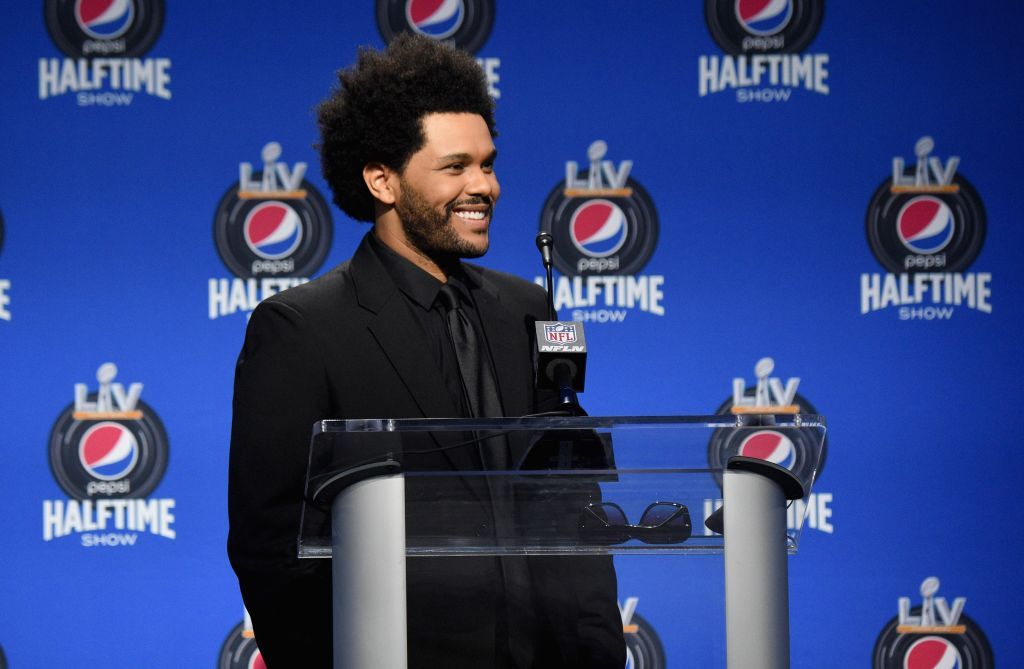 TAMPA, FLORIDA - FEBRUARY 04: The Weeknd speaks during the Pepsi Super Bowl LV Halftime Show Press Conference at Tampa Convention Center on February 04, 2021 in Tampa, Florida. (Photo by Kevin Mazur/Getty Images for TW)