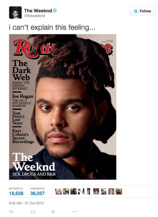 Winner's Circle - The Weeknd covers Rolling Stone on his way to the top.(Photo: The Weeknd via Twitter via Rolling Stone Magazine, November 2015)