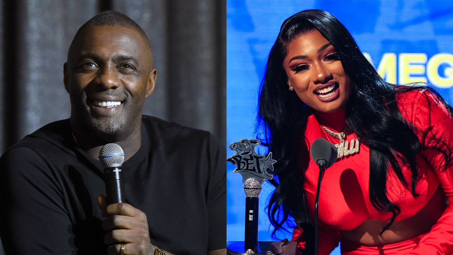 Idris Elba and Megan Thee Stallion on BET Buzz 2021.