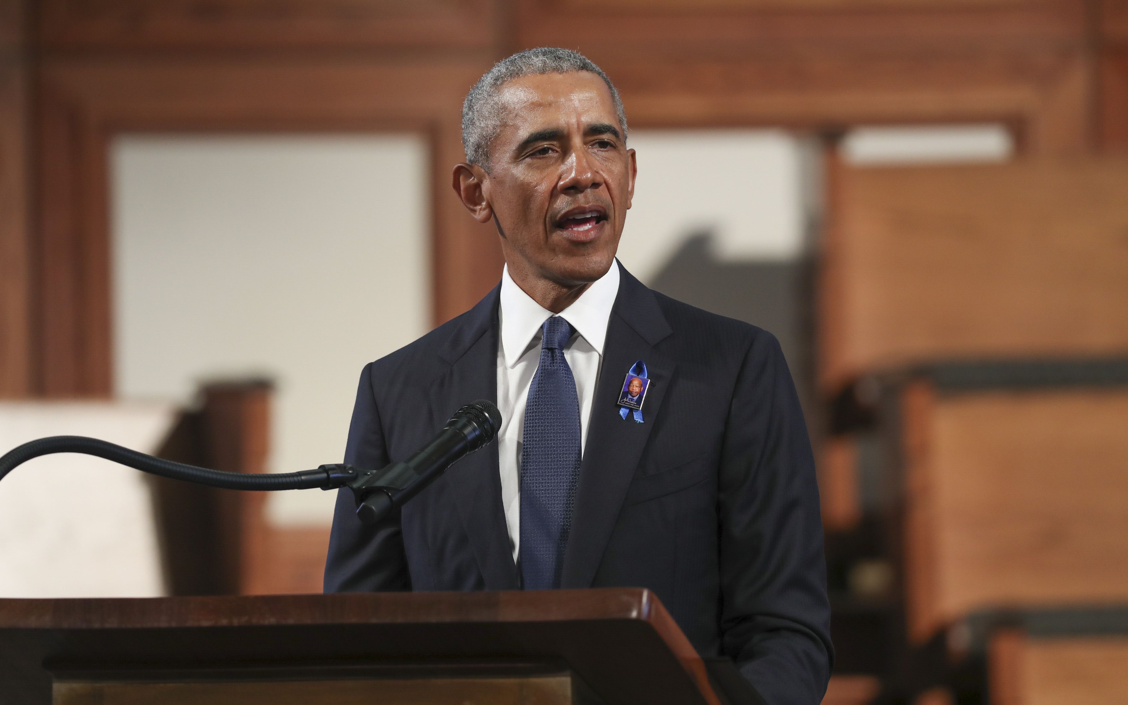 Former US President Barack Obama speaks during the funeral of late Representative and Civil Rights leader John Lewis(D-GA) at the State Capitol in Atlanta, Georgia on July 30, 2020. - Lewis, a 17-term Democratic member of the US House of Representatives from the southern state of Georgia, died of pancreatic cancer on July 17 at the age of 80. (Photo by Alyssa Pointer / POOL / AFP) (Photo by ALYSSA POINTER/POOL/AFP via Getty Images)