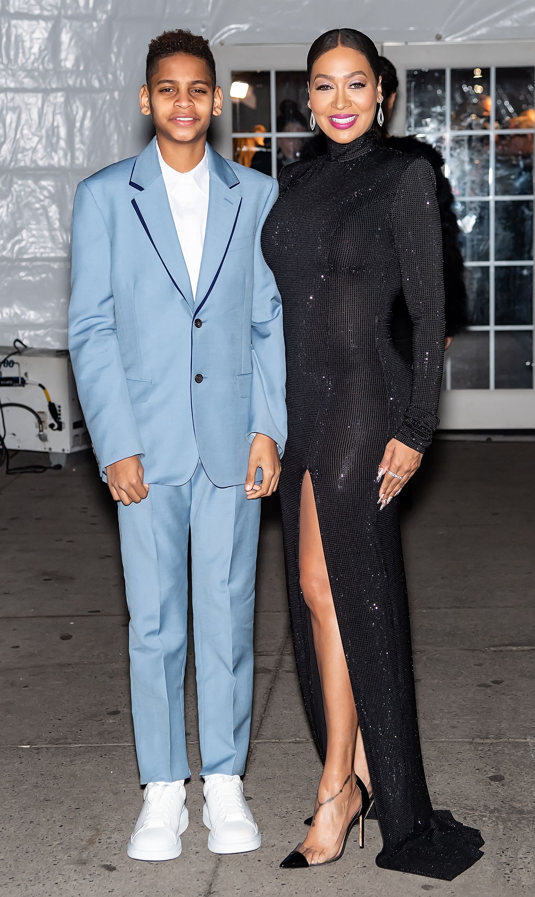 NEW YORK, NEW YORK - FEBRUARY 05: Kiyan Carmelo Anthony and La La Anthony are seen arriving to the 2020 amfAR New York Gala at Cipriani Wall Street on February 05, 2020 in New York City. (Photo by Gilbert Carrasquillo/GC Images)
