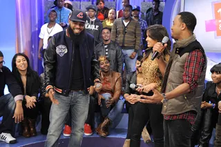 Stalley - Stalley cracks a smile while talking to Rocsi and Terrence at 106 &amp; Park.&nbsp;(Photo: John Ricard / BET)