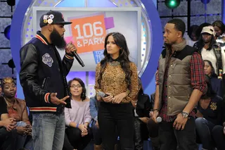 Stalley - Stalley reps for BET's Music Matters program as he talks to Rocsi and Terrence at 106 &amp; Park. &nbsp;(Photo: John Ricard / BET)