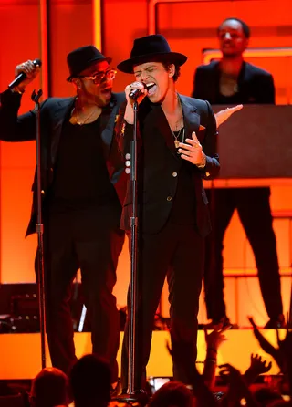 Bruno Mars - Bruno Mars set the stage on fire performing his hit single "Locked Out of Heaven" with some help from rock icon Sting.&nbsp;(Photo: Kevork Djansezian/Getty Images)