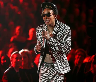 Wiz Khalifa - Papa-to-be Wiz Khalifa was on his Zebra stripe swag when hit hit the stage to perform the remix version of "Adorn" with Miguel.&nbsp;(Photo: Christopher Polk/Getty Images for NARAS)