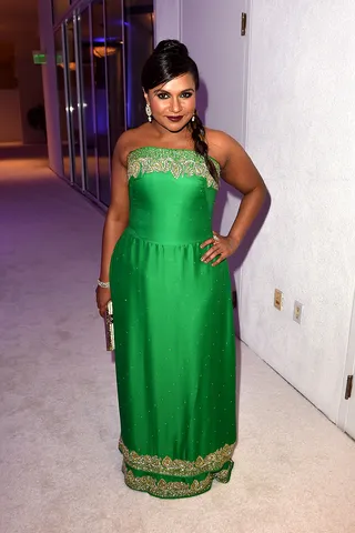 Mindy Kaling - The actress-comedian serves Arabian Nights-regal at the 17th Costume Designers Guild Awards in a strapless green gown from The Mindy Project costume designer Salvador Perez. We are green with envy for this ensemble. (Photo: Kevin Winter/Getty Images for CDG)