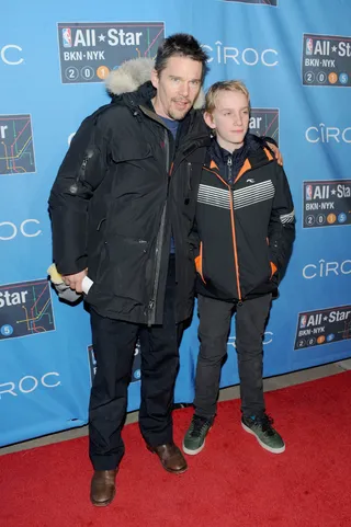 Ethan Hawke and Son - Boyhood actor and die-hard Knicks fan&nbsp;Ethan Hawke spends quality time with his son at this year's NBA All-Star events.  (Photo: Brad Barket/Getty Images)