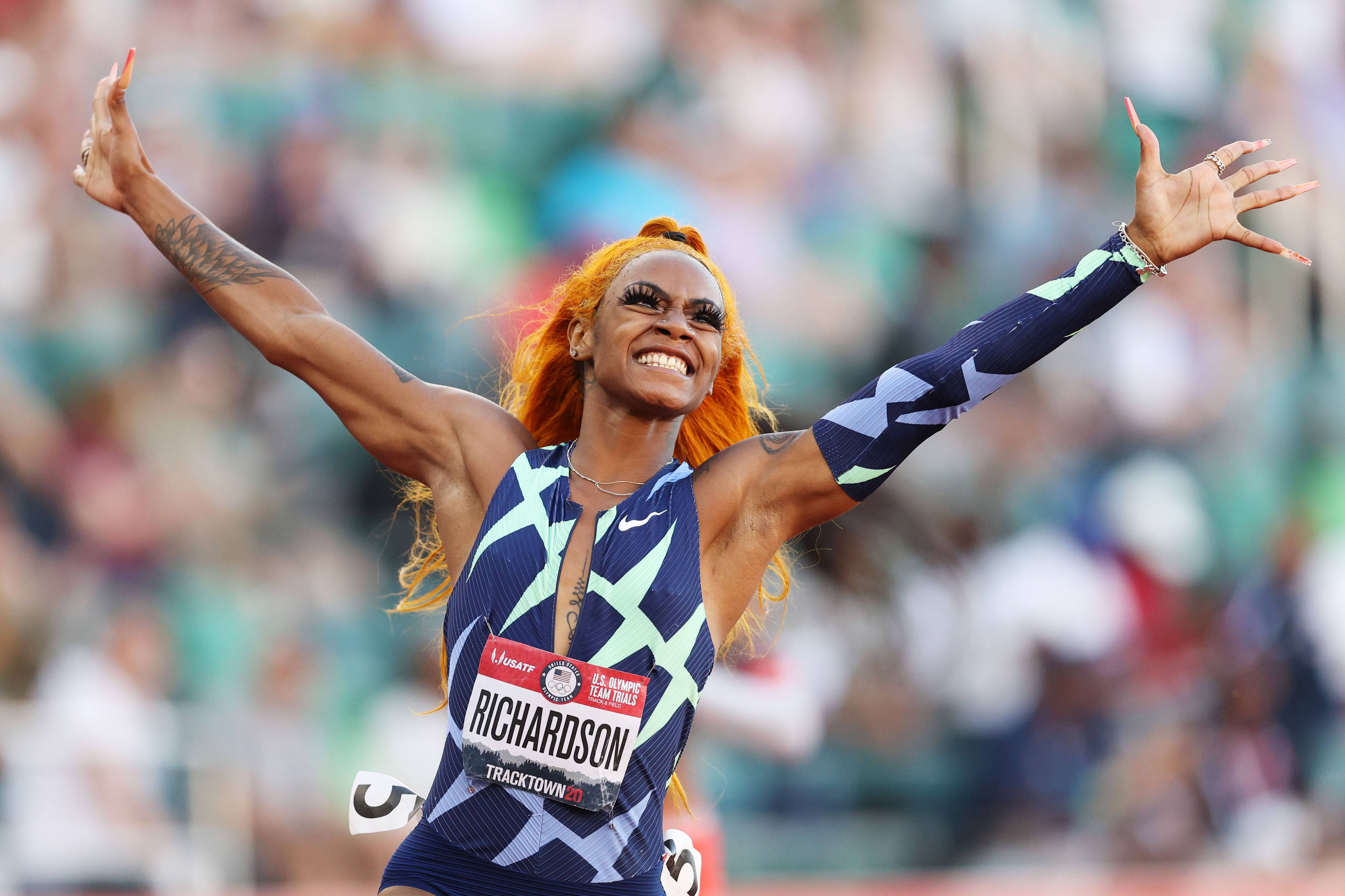 EUGENE, OREGON - JUNE 19: Sha'Carri Richardson celebrates winning the Women's 100 Meter final on day 2 of the 2020 U.S. Olympic Track & Field Team Trials at Hayward Field on June 19, 2021 in Eugene, Oregon. (Photo by Patrick Smith/Getty Images)