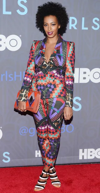 Bold and Beautiful - Solange Knowles knows how to stand out with her fly mix-patterned pantsuit on the red carpet of the HBO premiere of&nbsp;Girls Season 2 at NYU Skirball Center in New York City.(Photo: Andrew H. Walker/Getty Images)