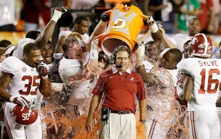 Making a Splash - Alabama players give coach Saban a ceremonial Gatorade bath as the final seconds of the game wind down. (Photo: Wilfredo Lee/AP Photo)