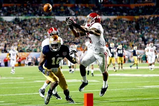 What a Steal - Crimson Tide running back Blake Sims intercepts a pass intended for Notre Dame's DaVaris Daniels in the third quarter. (Photo: Kevin C. Cox/Getty Images)