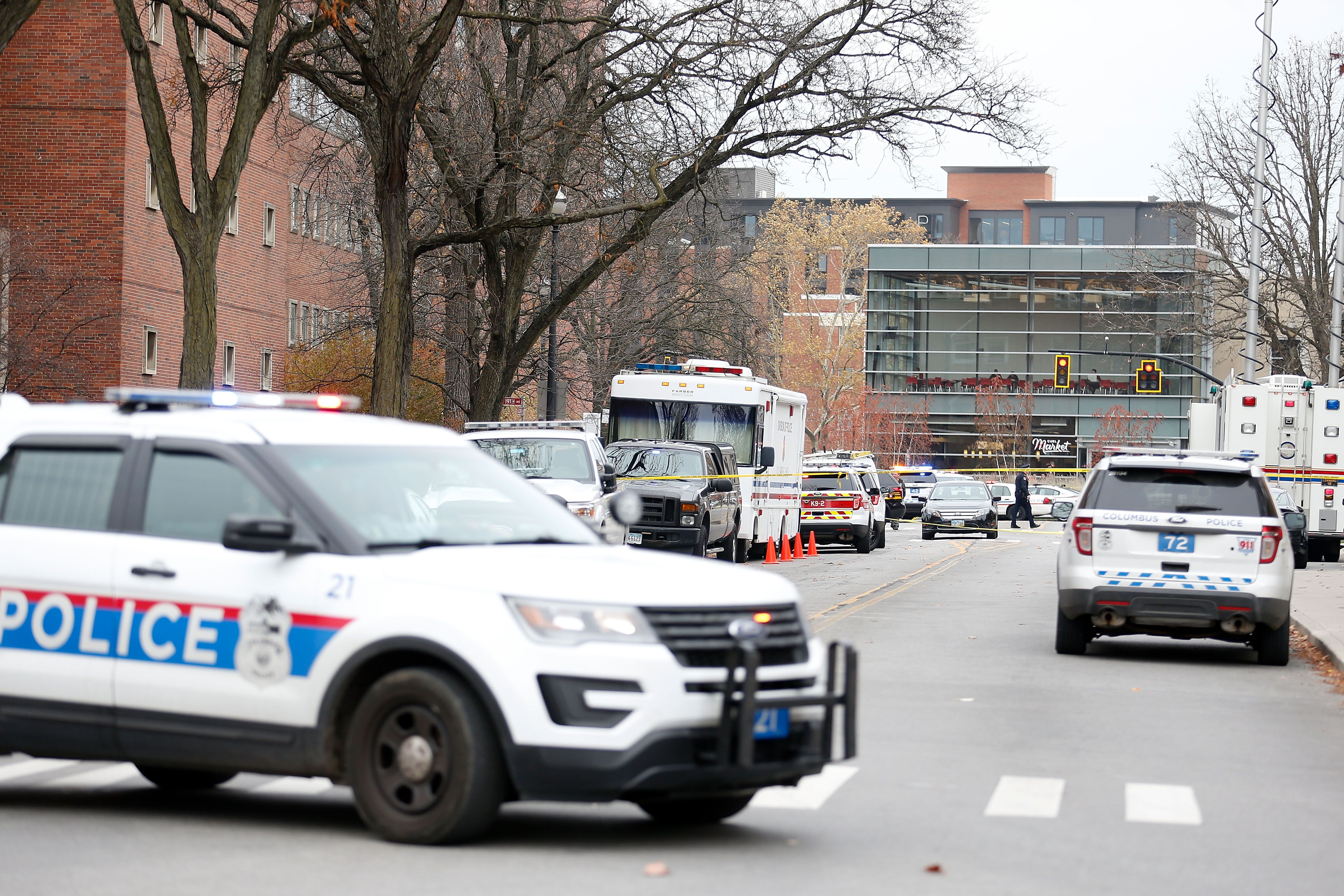 COLUMBUS, OH - NOVEMBER 28: Police keep the roads closed around Watts Hall following an attack on the campus of the Ohio State University on November 28, 2016 in Columbus, Ohio. At least nine people were injured when a suspect reportedly drove into a crowd of pedestrians and slashed several people with a knife before being fatally shot by university police. (Photo by Kirk Irwin/Getty Images)