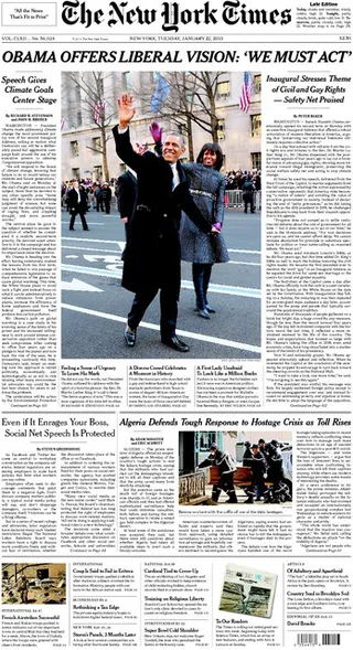 The New York Times - Newspapers across the country are still abuzz over President Obama's historic second inauguration celebration.(Photo: The New York Times)