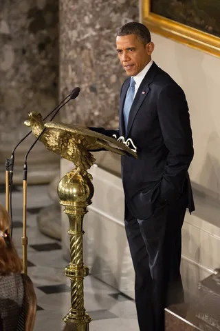 The President in Action - President Obama addresses the crowd at the inaugural lunch. (Photo: Allison Shelley/Getty Images)