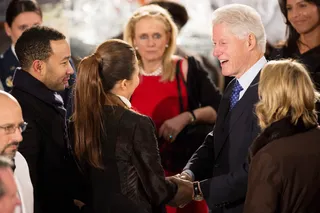 Clinton and the Gang - Former President Bill Clinton chatted with famous inaugural attendees singer John Legend and his fiance Christine Teigen at the Inaugural Luncheon. (Photo: Allison Shelley/Getty Images)