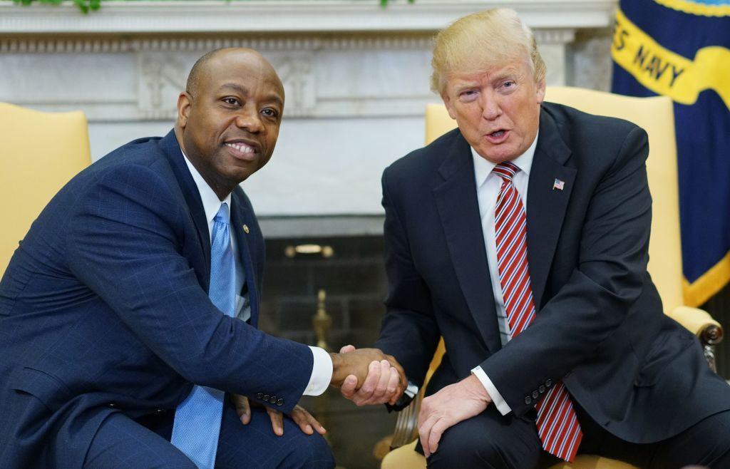 US President Donald Trump and Senator Tim Scott (L), R-SC, shake hands following a working session regarding opportunity zones following the recently signed tax bill in the Oval Office of the White House on February 14, 2018 in Washington, DC. / AFP PHOTO / MANDEL NGAN        (Photo credit should read MANDEL NGAN/AFP via Getty Images)