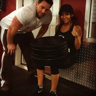 Snooki @snookinic - "I had leg day today — 225lb wall sit."  Use weights for 'Leg Day' like the Jersey Shore star and you'll take your squat game up to a whole new level.  (Photo: Snookie via Instagram)