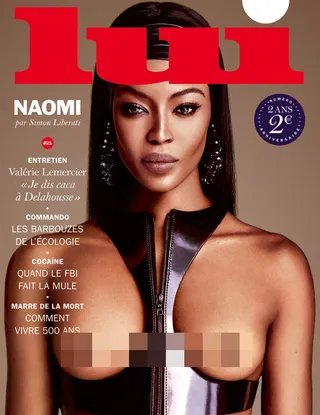 Naomi Campbell on Lui - The supermodel bares a hint of nips and a knowing smile for her appearance on the risque French fashion magazine. Cheeky!  (Photo: Lui Magazine, October 2015)